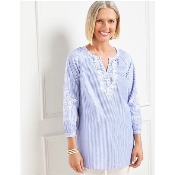 Talbots Blue White Pencil Stripe Floral Embroidered Peasant Top Sz L - Picture 1 of 10
